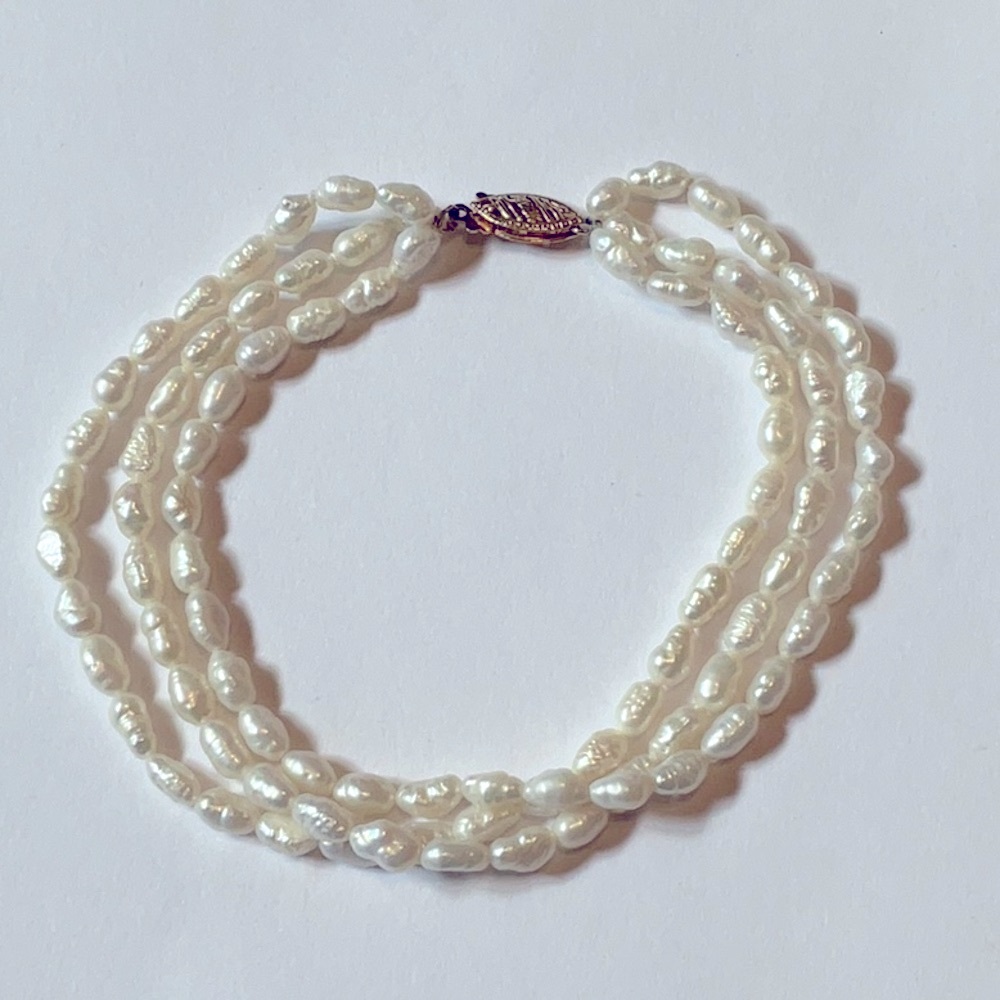 3-Strand White/Ivory Rice Pearl 14K Pearl clasp Bracelet.